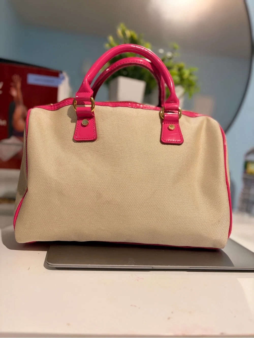 Y2K vintage Victoria's Secret Beige Satchel with Hot Pink Trim